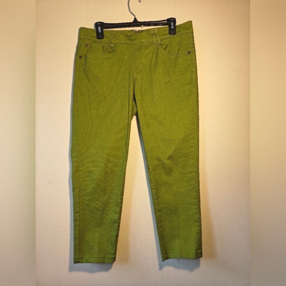 Green Capri‎ Size 14 Cropped Crop Cotton Stretch Pants Back Seam Zipper